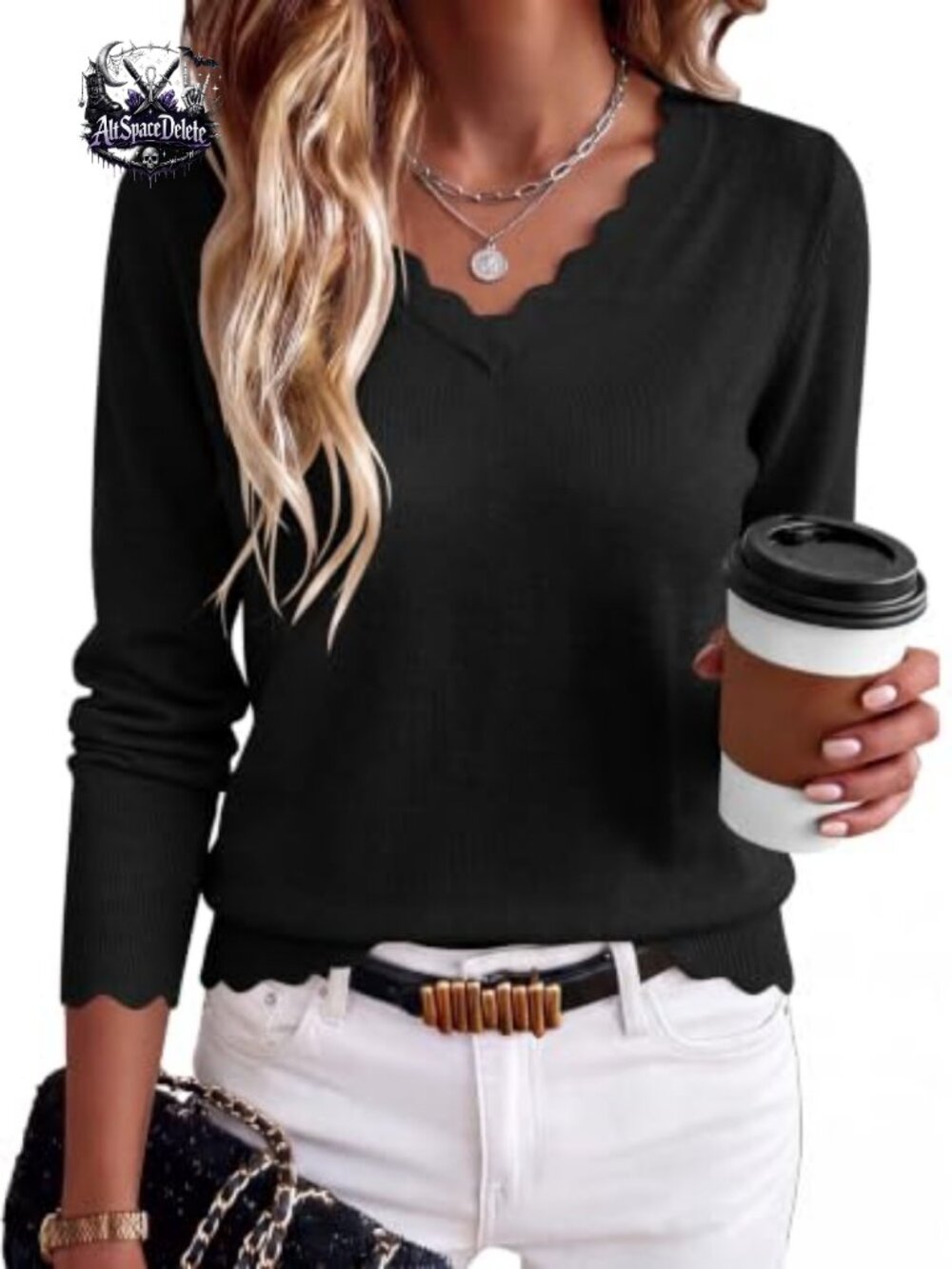 Lightweight V-Neck Scalloped Trim Knit Pullover Sweater